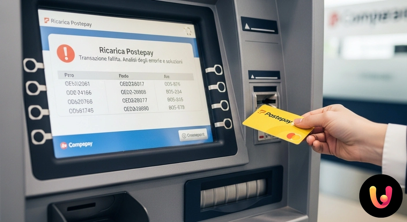 Ricarica Postepay fallita allo sportello ATM? Le possibili soluzioni. Schermata di uno sportello automatico (atm) che mostra un messaggio di transazione fallita durante un'operazione con una cart