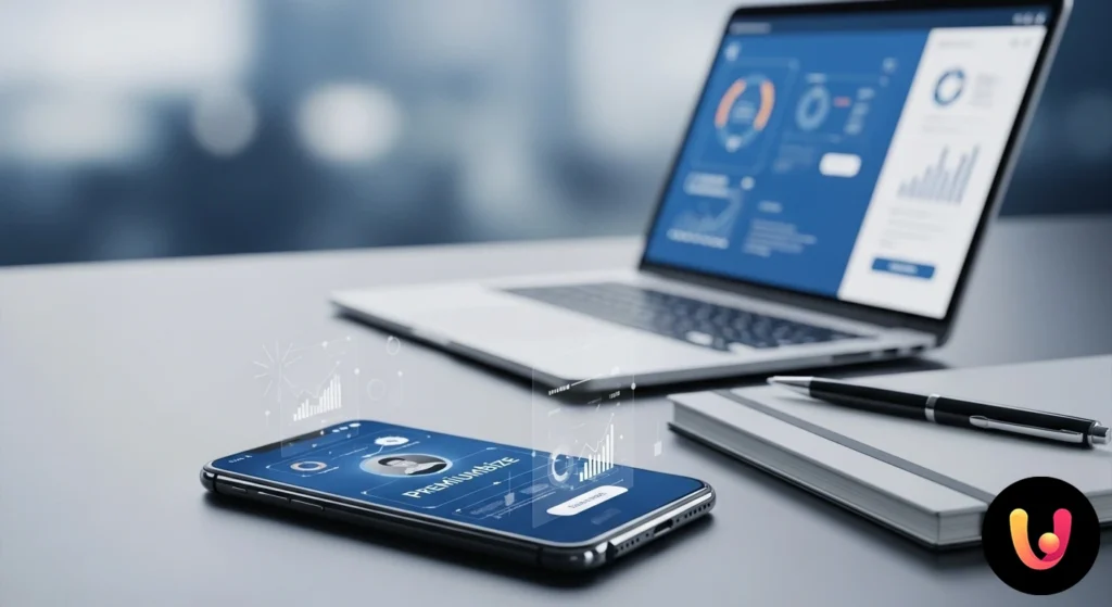 Interfața platformei Premiumbize pe un ecran de laptop, cu grafice de evoluție și statistici de c&acirc;știg.