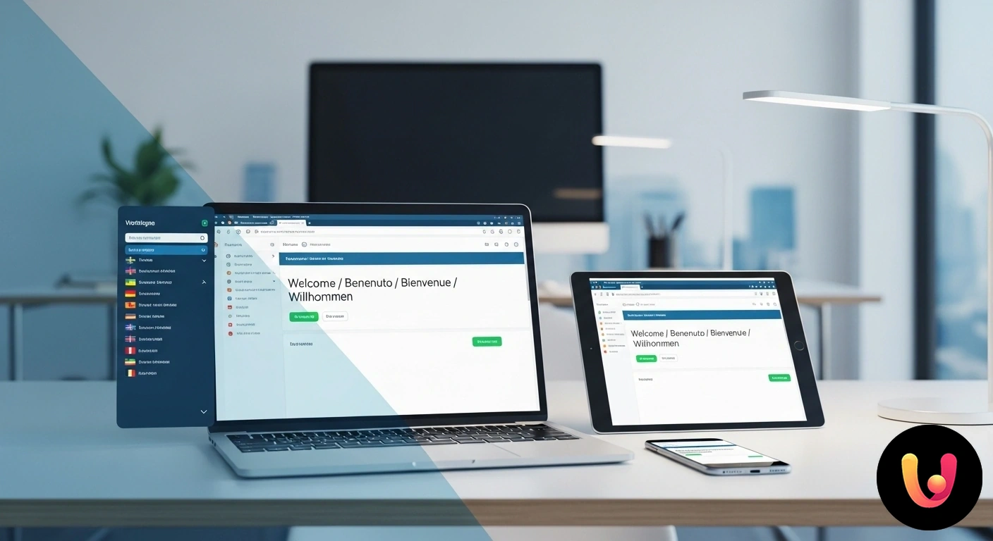 Crea un Sito Multilingua con WordPress | Guida Completa 2025 Globo terrestre con il logo wordpress, circondato da icone di bandiere di diverse nazioni che simboleggiano la traduzione.