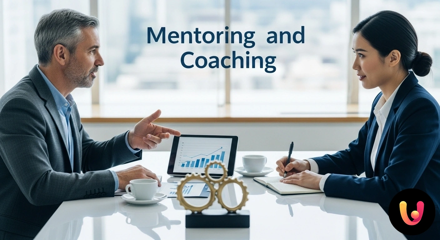 Mentoring e Coaching: la guida per la tua crescita professionale. Professionista con esperienza che guida un collega più giovane durante una sessione di lavoro al computer in un ufficio moder