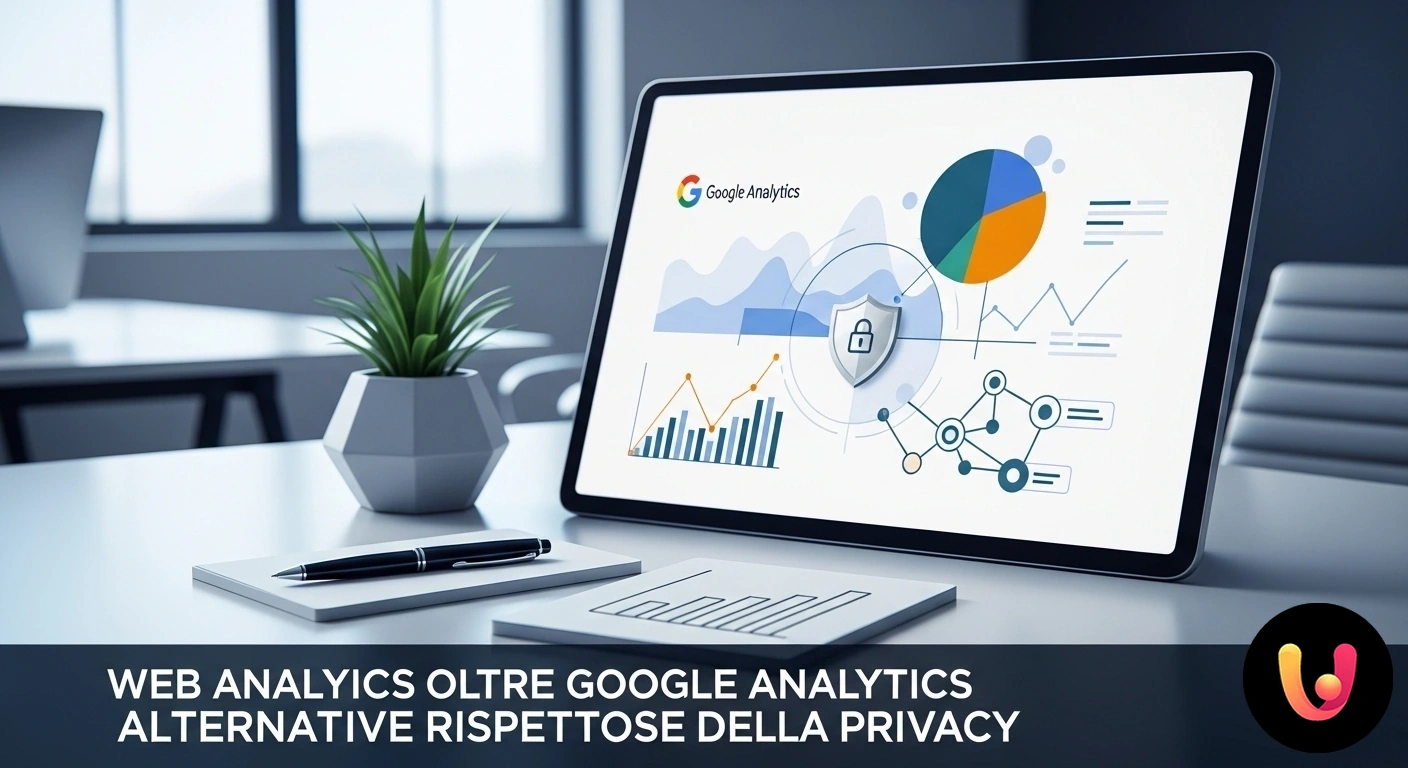 Web Analytics e Privacy: Le Alternative a Google Analytics. Dashboard di analisi dati web con grafici e un'icona a forma di scudo che simboleggia la protezione della privacy.