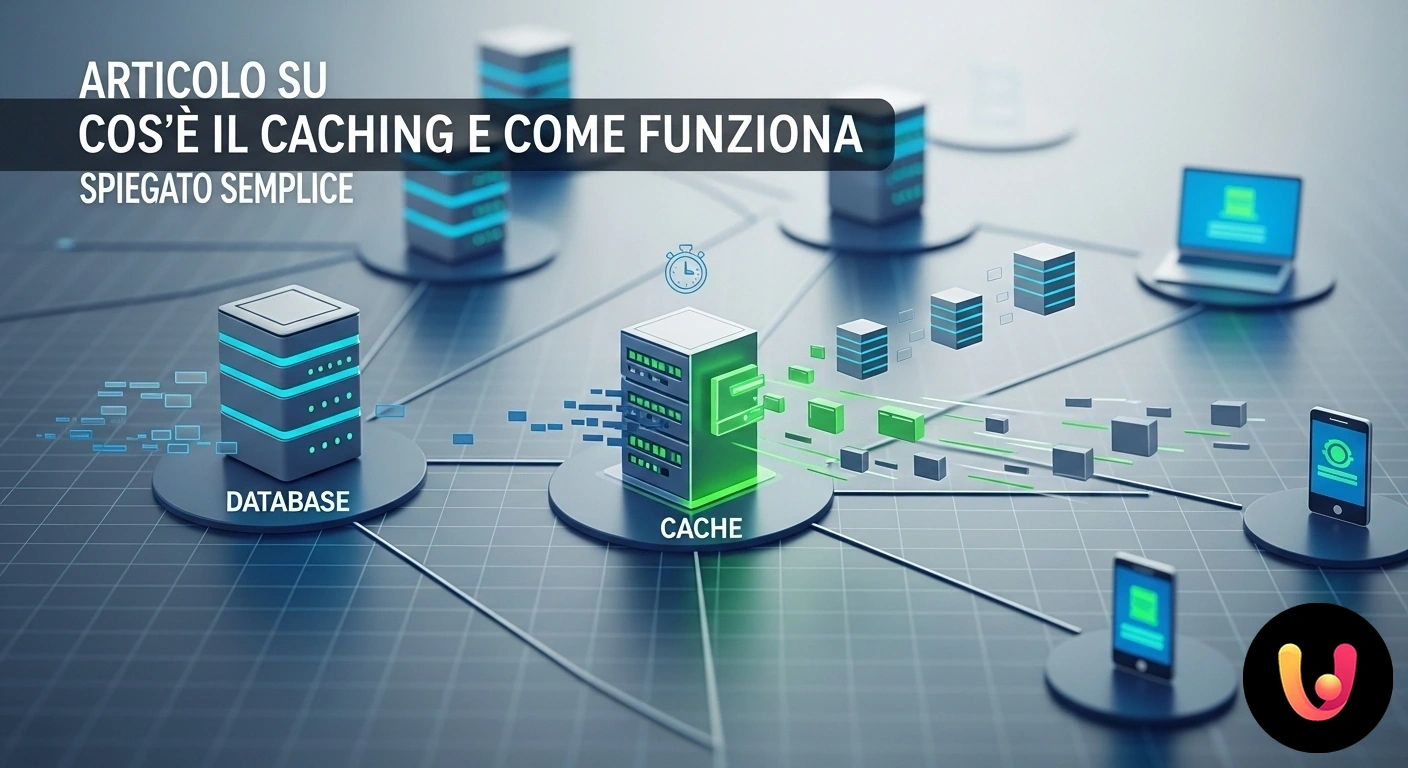 Come funziona il caching: ottimizza la velocità del tuo sito web Diagramma che illustra il processo di caching: un utente richiede dati, che vengono serviti rapidamente dalla cache invece ch