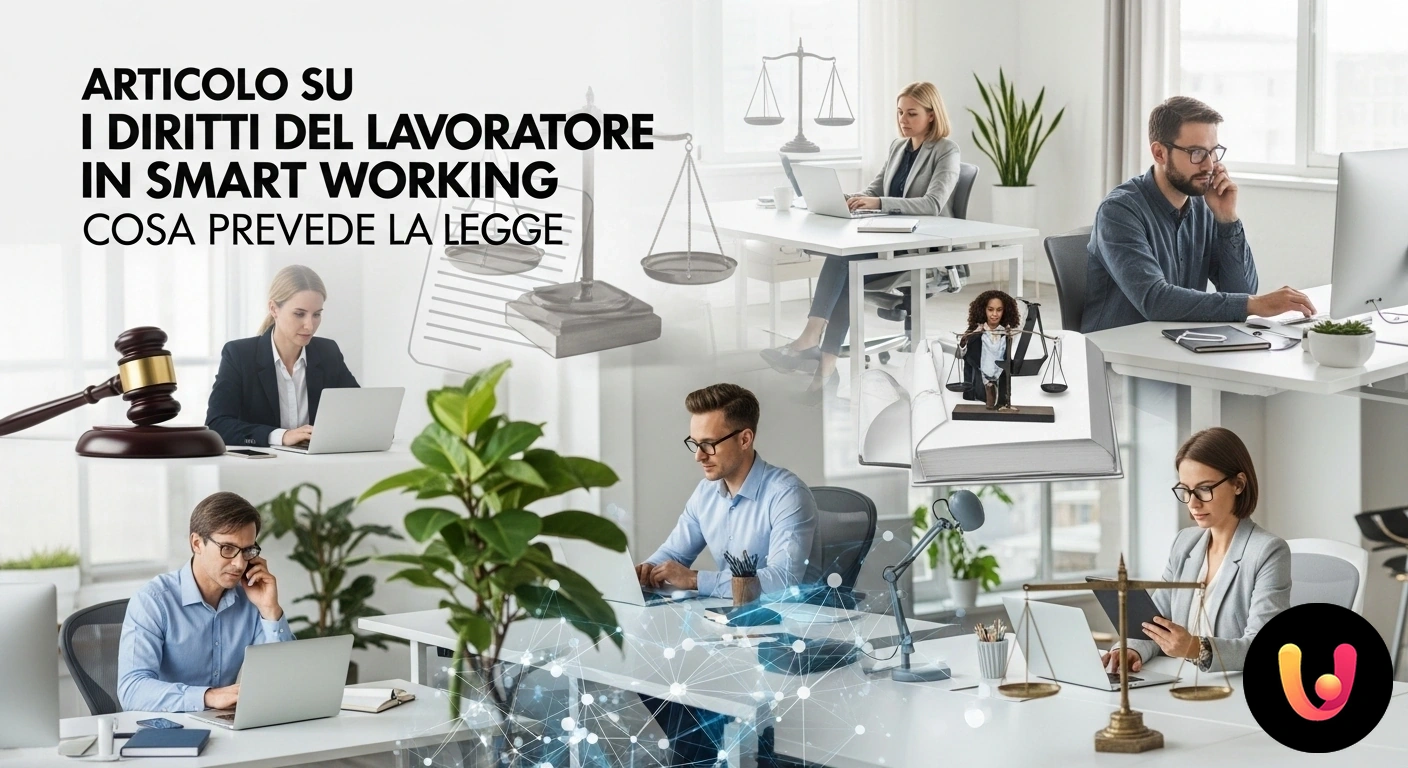 Diritti Smart Working: Scopri Cosa Prevede la Legge Italiana. Lavoratore in smart working al computer con un'icona della bilancia della giustizia a simboleggiare la legge.