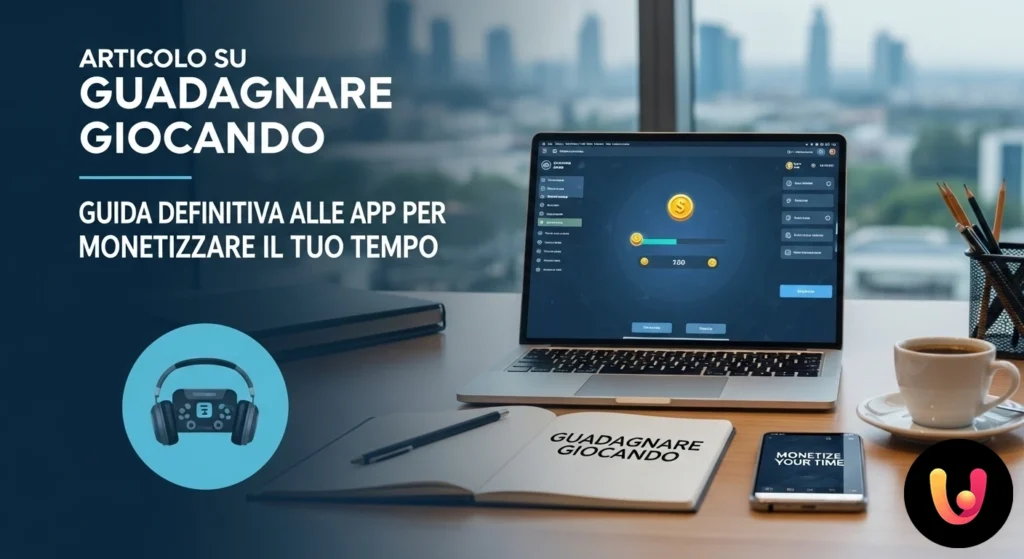 Una mano tiene uno smartphone che mostra icone di videogiochi e simboli di valuta, illustrando il guadagno online.