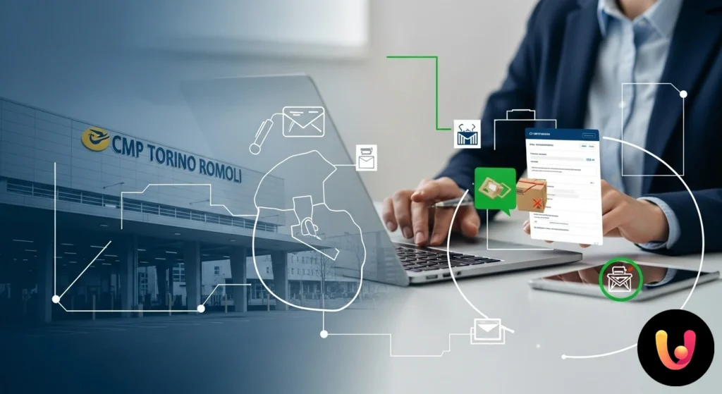 CMP de Turin Romoli : réclamation pour colis perdus ou en retard, le guide Gros plan d'une personne remplissant un formulaire de réclamation en ligne sur un ordinateur pour un colis non livré.