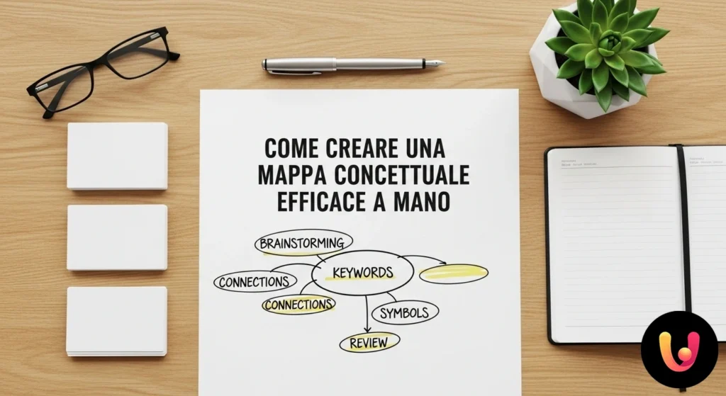 Handgezeichnete Concept-Map auf weißem Papier, mit einer zentralen Idee, die durch Linien und Wörter mit verschiedenen thematischen Zweigen verbunden ist.