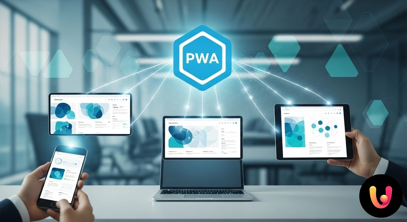 PWA: il Futuro dei Siti Web è un'Applicazione Ibrida Icona di una progressive web app al centro, collegata a dispositivi come smartphone, tablet e laptop a simboleggiare la multi