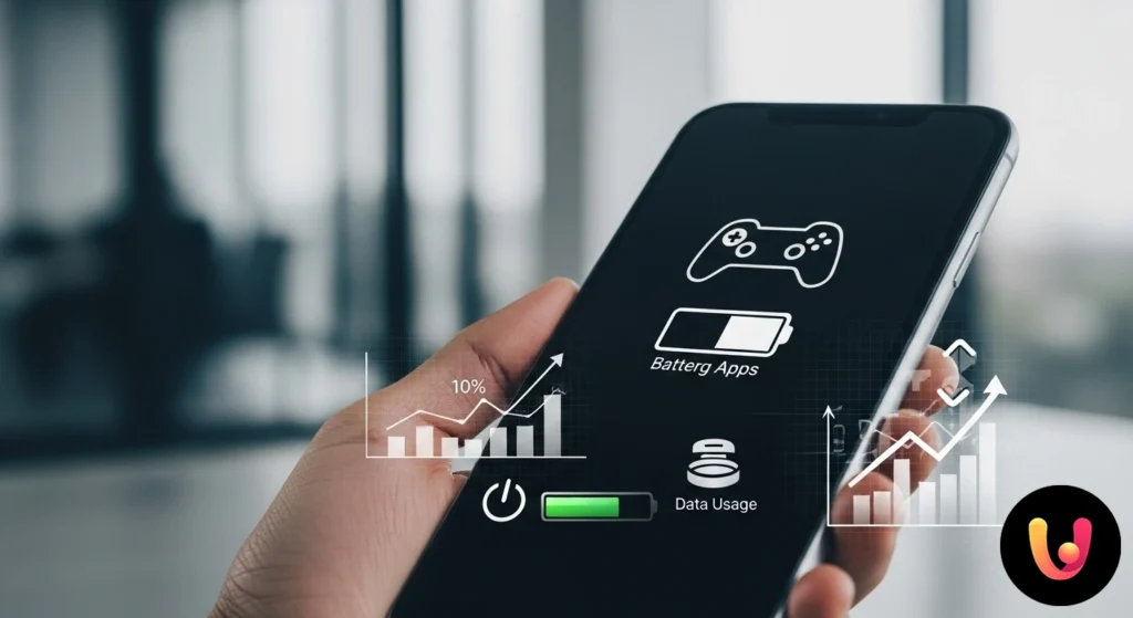 Smartphone con una app de juego en ejecuci&oacute;n e iconos que ilustran un elevado consumo de bater&iacute;a y de datos m&oacute;viles.