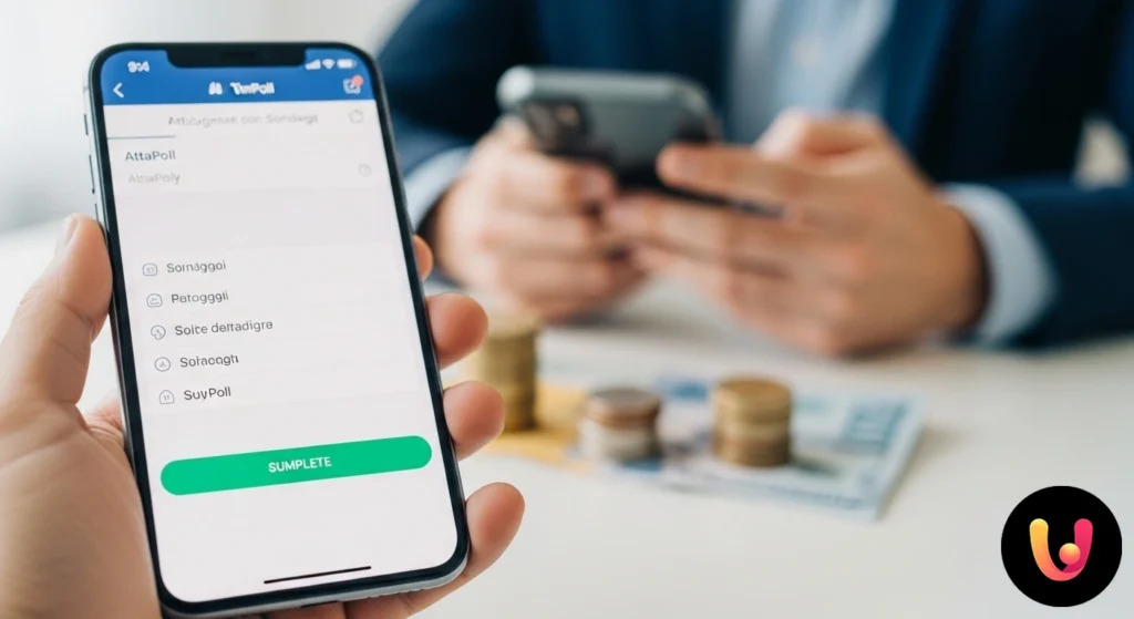 Apps de encuestas: AttaPoll vs. Poll Pay, ¿cuál paga mejor? Interfaz de una aplicación de encuestas en un smartphone, que muestra una pregunta de opción múltiple y el importe de la recompensa.