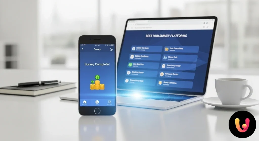 Persoană care completează un sondaj online pe un dispozitiv digital, cu pictograme de monede care reprezintă câștigul.