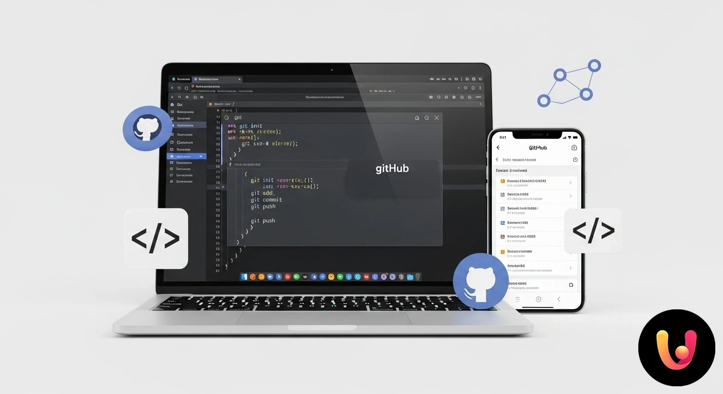 Guida a Git e GitHub per Sviluppatori: Padroneggia il Controllo di Versione. Diagramma del flusso di lavoro con i loghi di git e github che illustra il controllo di versione per sviluppatori.