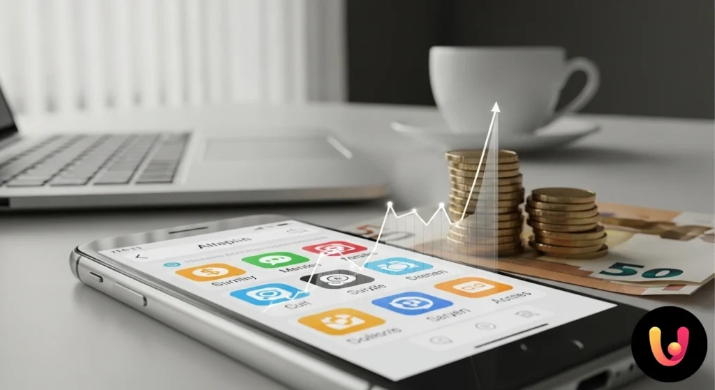 Smartphone care afișează pictograme de aplicații pentru câștiguri, alături de monede și o bancnotă de 50 de euro, simbolizând un venit.