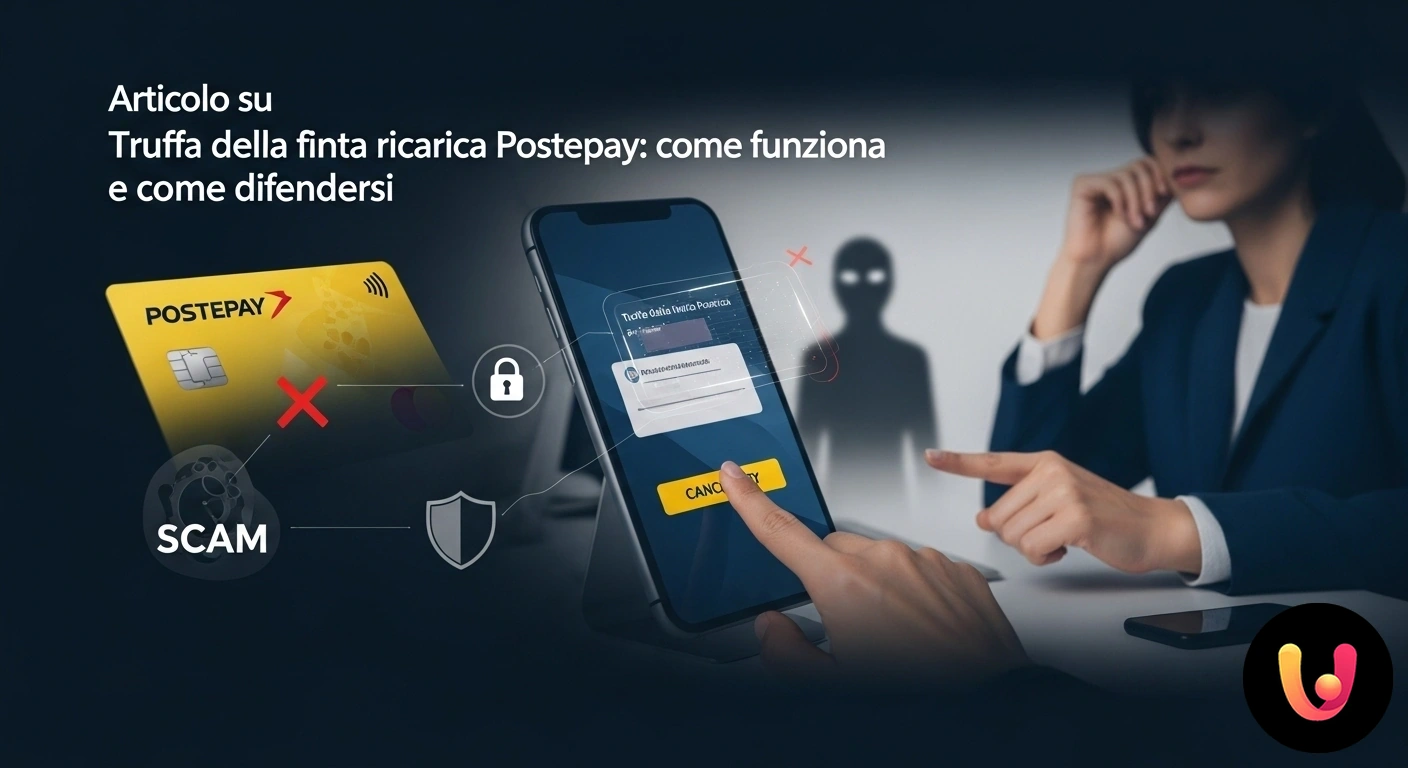 Truffa ricarica Postepay: come riconoscere e bloccare subito il tentativo di frode. Smartphone con notifica di pagamento fraudolento e icona di allarme, affiancato da una carta postepay.