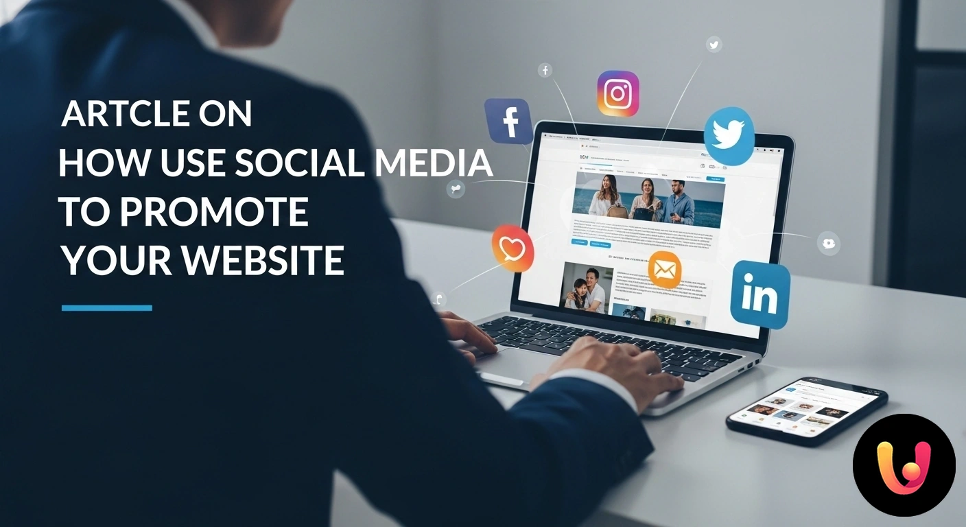 Strategie social per promuovere il tuo sito e attrarre visitatori. Laptop che mostra un grafico con una freccia di crescita del traffico web, circondato da icone di social media.