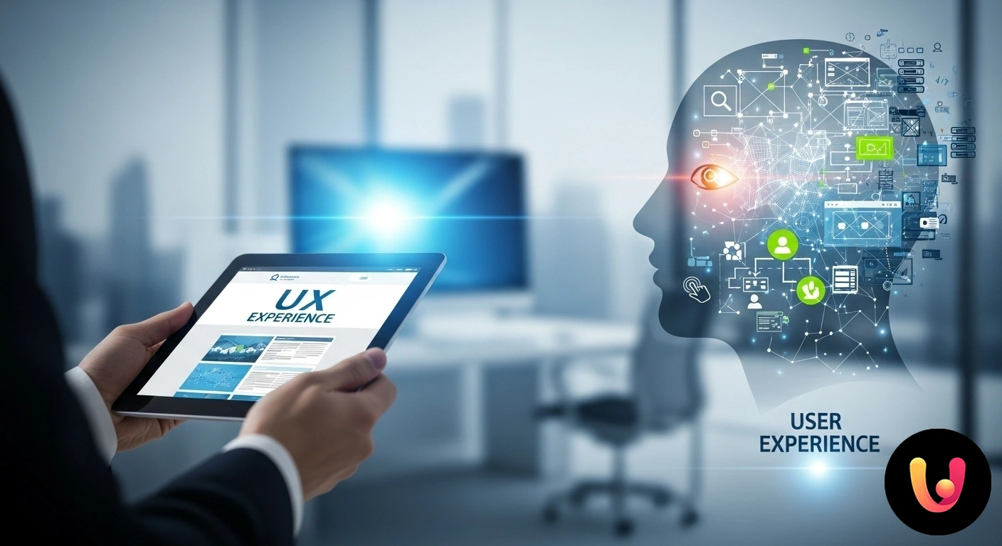 User Experience Design: La chiave per un sito web di successo. Schizzi di un'interfaccia e diagrammi del percorso utente disposti su una scrivania durante la fase di progettazione web.