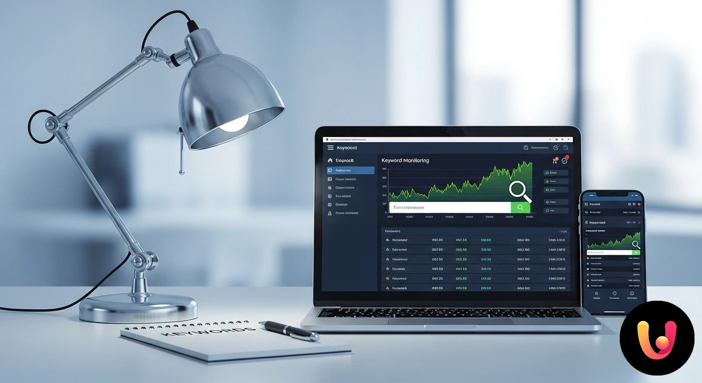 Monitora il posizionamento delle tue parole chiave e scala la SERP. Dashboard di un software per l'analisi del posizionamento di parole chiave visualizzata su uno schermo, con grafici e metrich