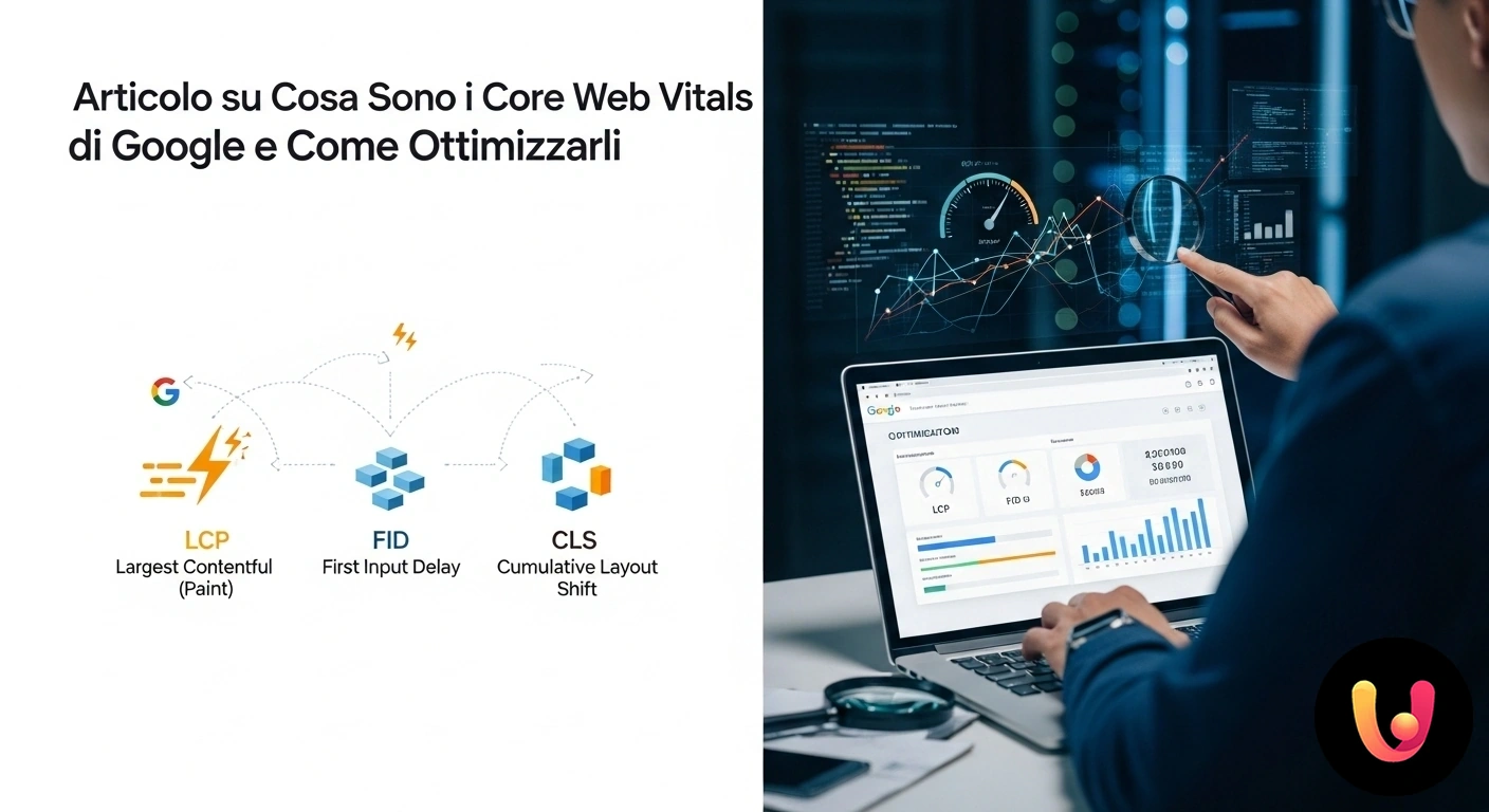 Guida all'ottimizzazione dei Core Web Vitals per migliorare il ranking su Google. Dashboard con le tre metriche dei core web vitals (lcp, fid, cls) e i relativi punteggi di valutazione delle prestazioni web.