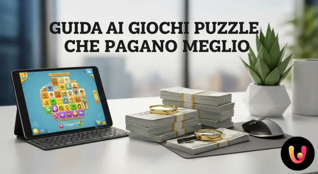 Smartphone with a colorful puzzle game interface with gold coins and currency symbols coming out of it.