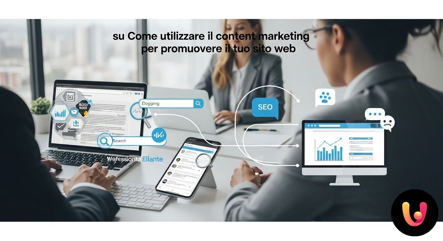 Guida al Content Marketing per la promozione del tuo sito web Schema che illustra le fasi del content marketing: ideazione, creazione di contenuti, distribuzione sui canali e crescita del