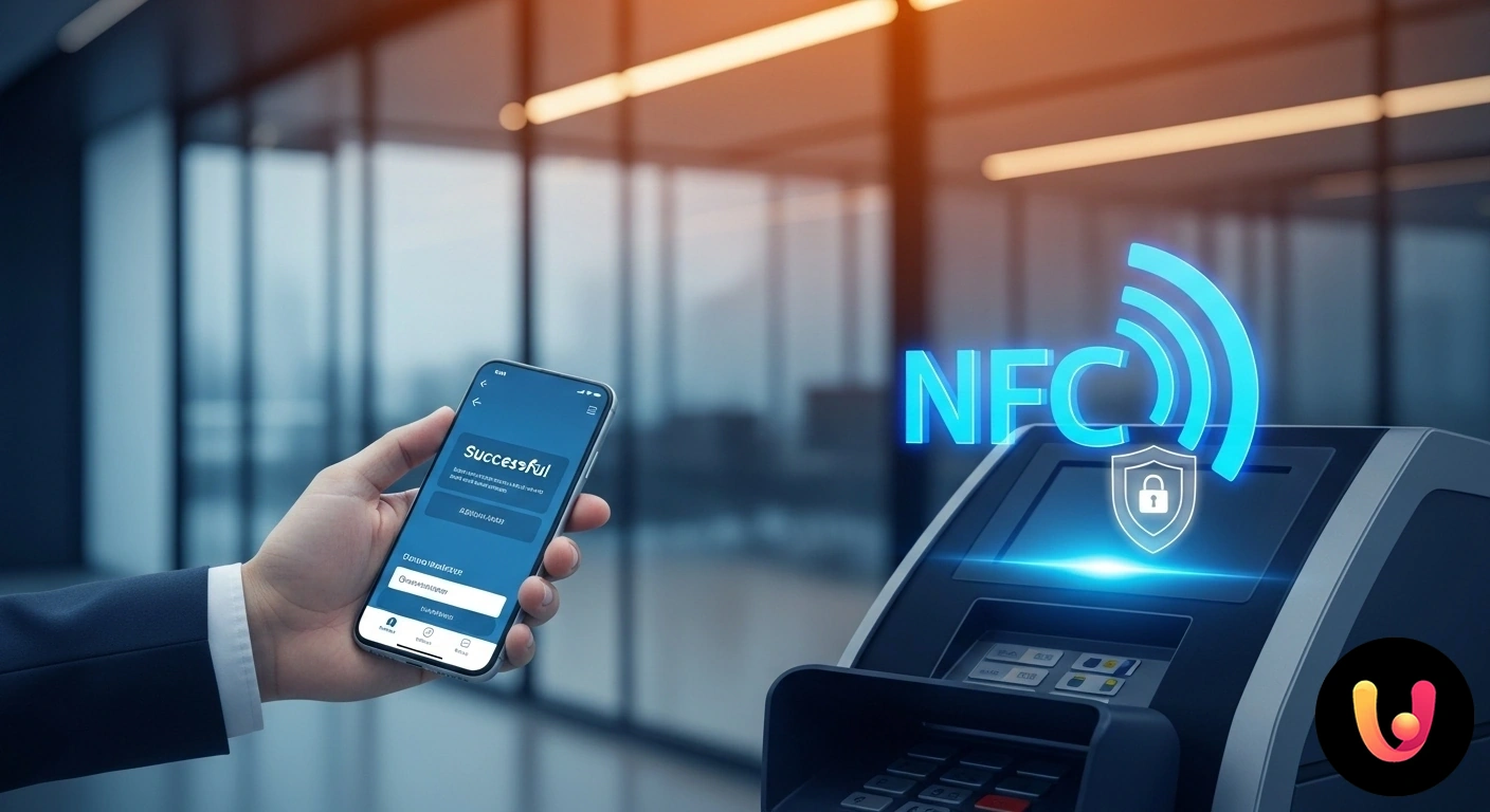 Prelievi Cardless e Tecnologia NFC: la guida completa alla sicurezza. Smartphone avvicinato al lettore contactless di un atm per effettuare un prelievo di contanti senza carta.