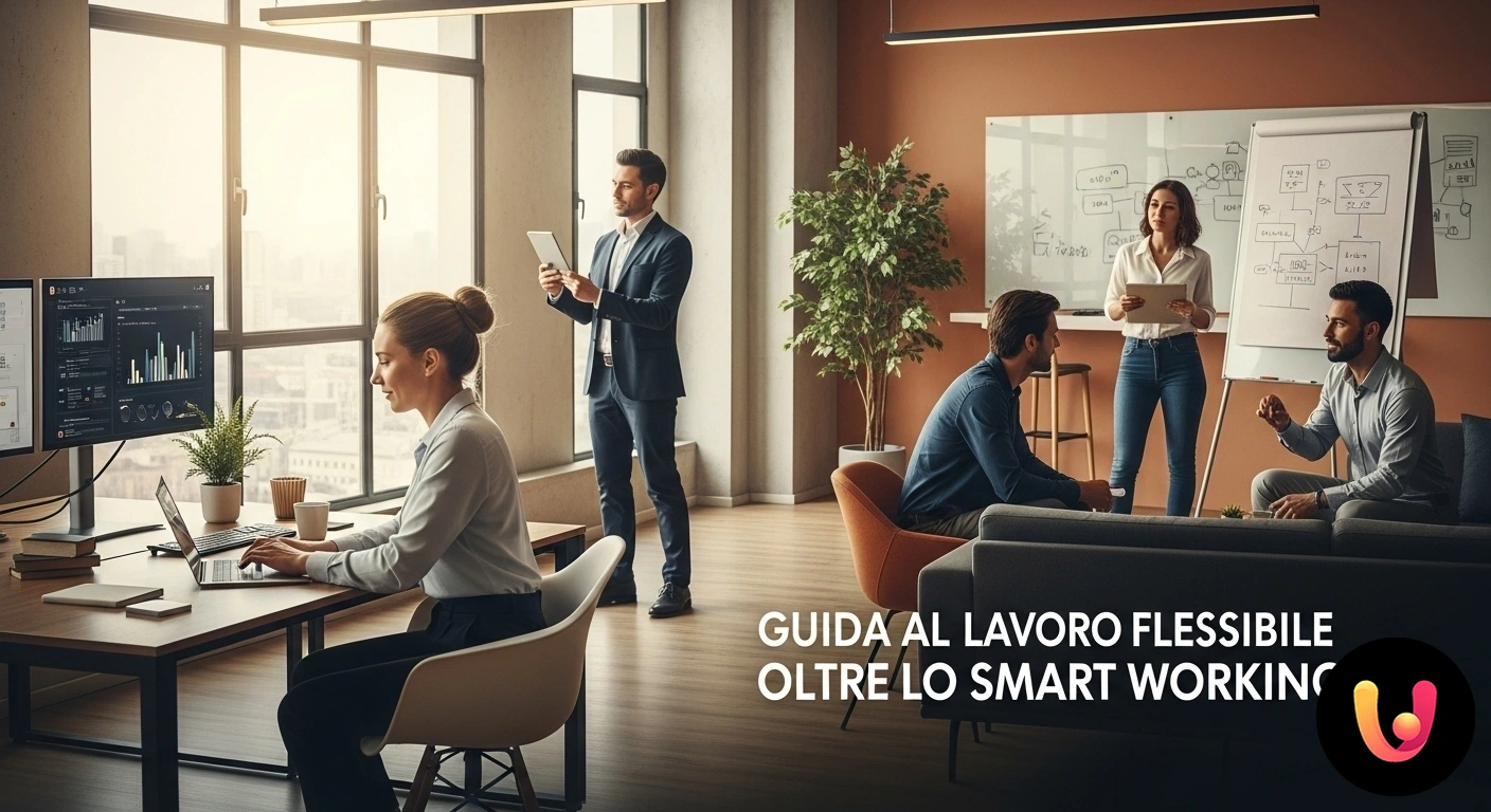 Lavoro Flessibile: Le Nuove Frontiere Oltre lo Smart Working Professionisti che collaborano in un ambiente di lavoro moderno e luminoso, simbolo di flessibilità e nuove modalità operativ