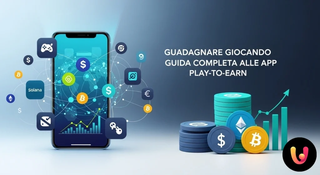 Smartphone, das eine Spieloberfläche zeigt, aus der digitale Münzen und Kryptowährungssymbole hervorgehen, was das Geldverdienen durch Spielen darstellt