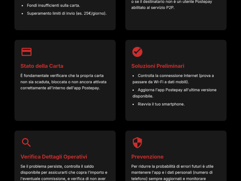 Errore P2P Postepay: guida completa ai problemi comuni - Infografica riassuntiva