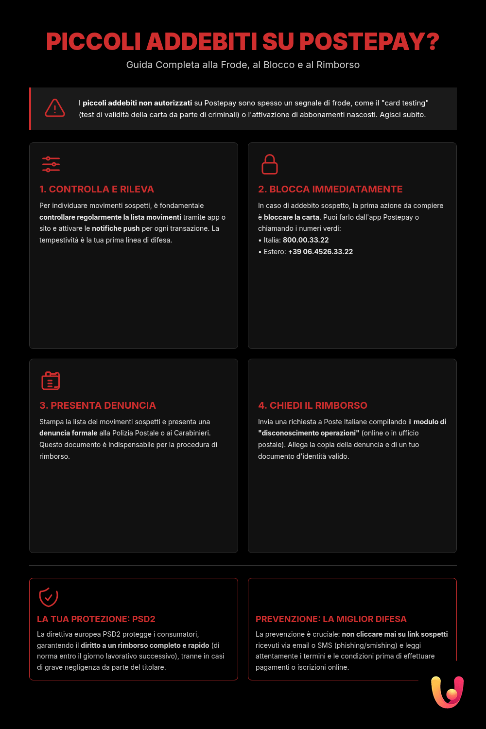 Postepay: addebiti sospetti? Ecco la guida per agire subito - Infografica riassuntiva