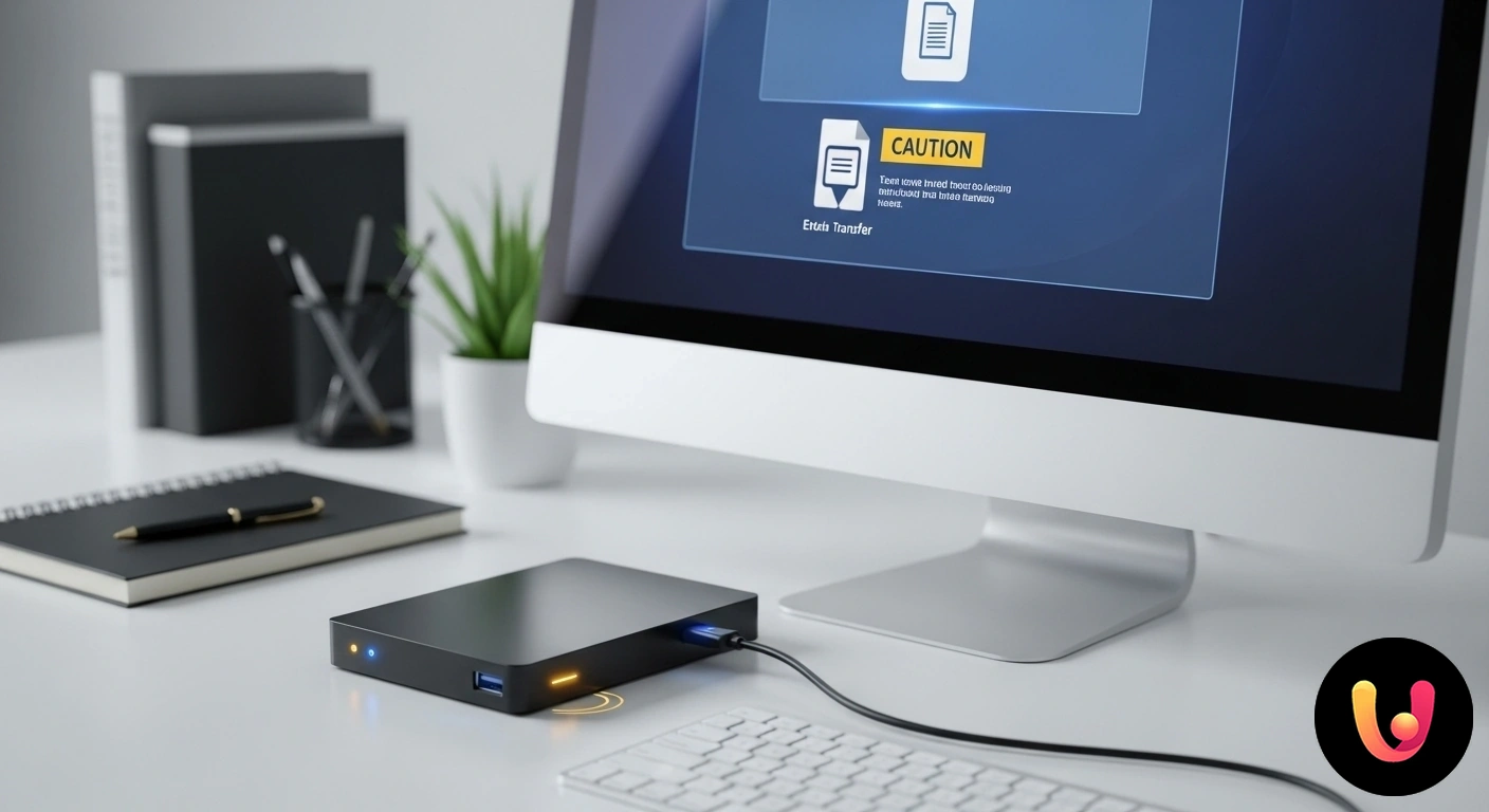 Hard Disk Esterno Non Riconosciuto? Soluzioni per i problemi più comuni su desktop. Persona che collega un hard disk esterno a un computer desktop, con un'icona di errore visibile sullo schermo del monitor.