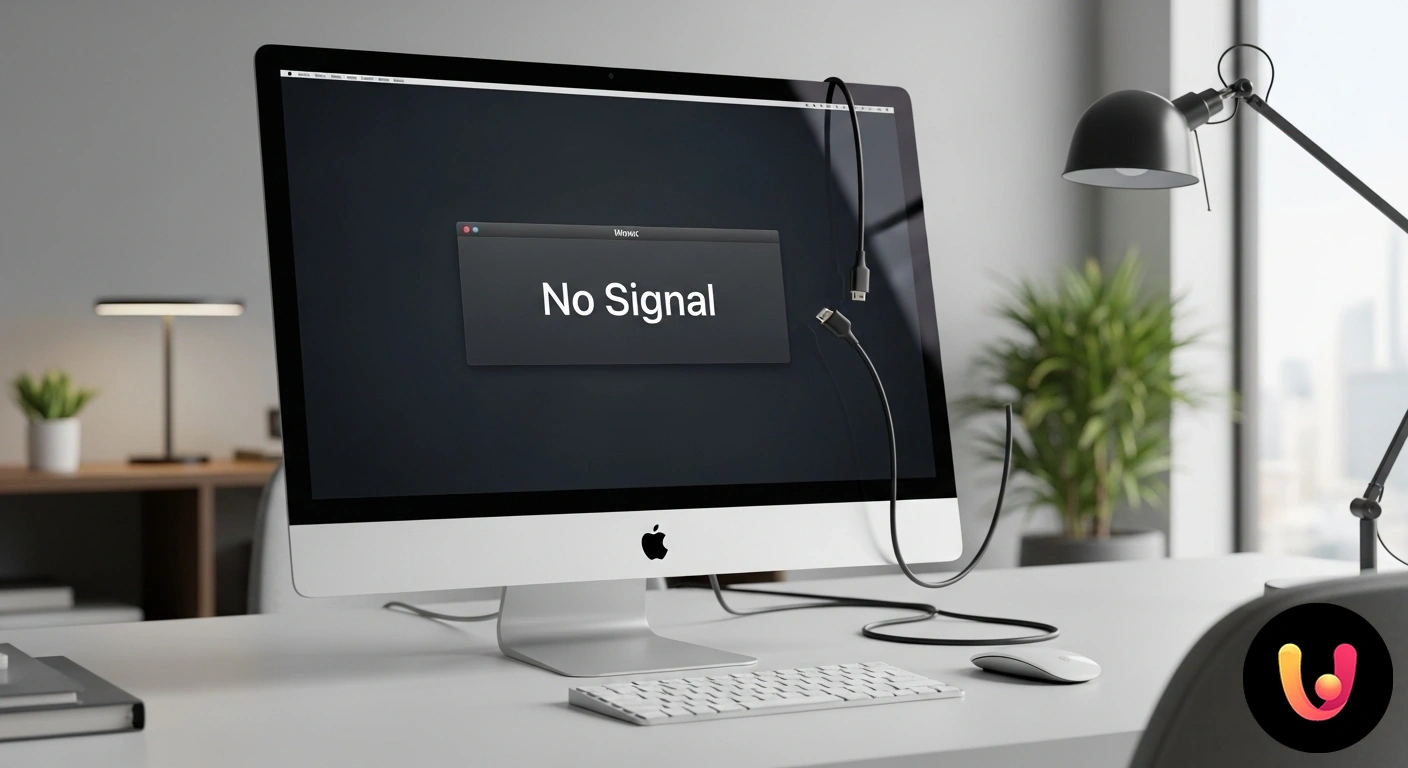Monitor Mac senza segnale? Scopri qui le cause e le soluzioni rapide. Schermo di computer con messaggio "nessun segnale" collegato a un desktop mac.
