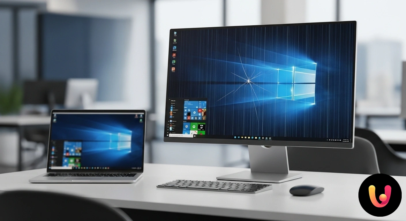 Linee verticali sul monitor: scopri le cause e le soluzioni per Windows. Monitor di un computer che visualizza il desktop di windows con evidenti linee verticali colorate a causa di un difetto grafi