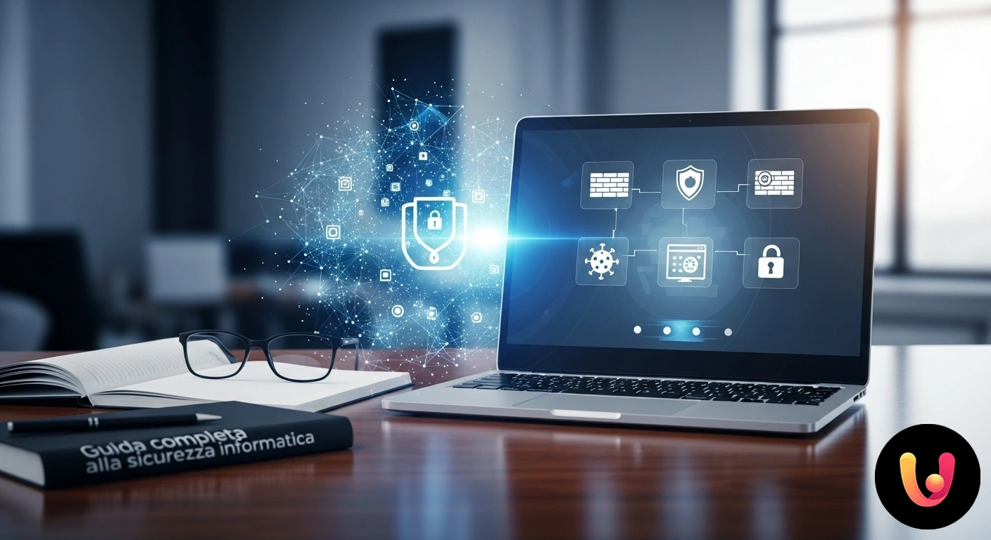 Guida alla Sicurezza Informatica per la Casa: Proteggi i Tuoi Dati Utente che lavora su un computer portatile in un ambiente domestico, con icone di uno scudo e un lucchetto a simboleggiare la