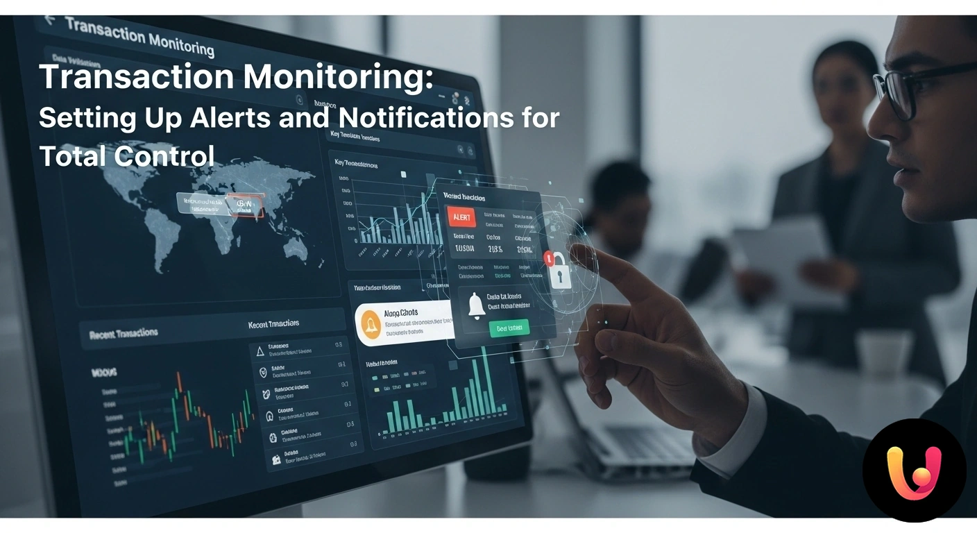 Monitoraggio Transazioni: Sicurezza e Controllo con Avvisi in Tempo Reale. Dashboard digitale che analizza flussi di transazioni finanziarie, evidenziando avvisi di anomalia con icone di notifica.
