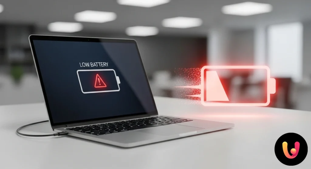 Batteria MacBook KO? Soluzioni per farla durare di più Icona della batteria di un macbook nella barra dei menu che mostra una percentuale di carica bassa e un avviso di servizio.