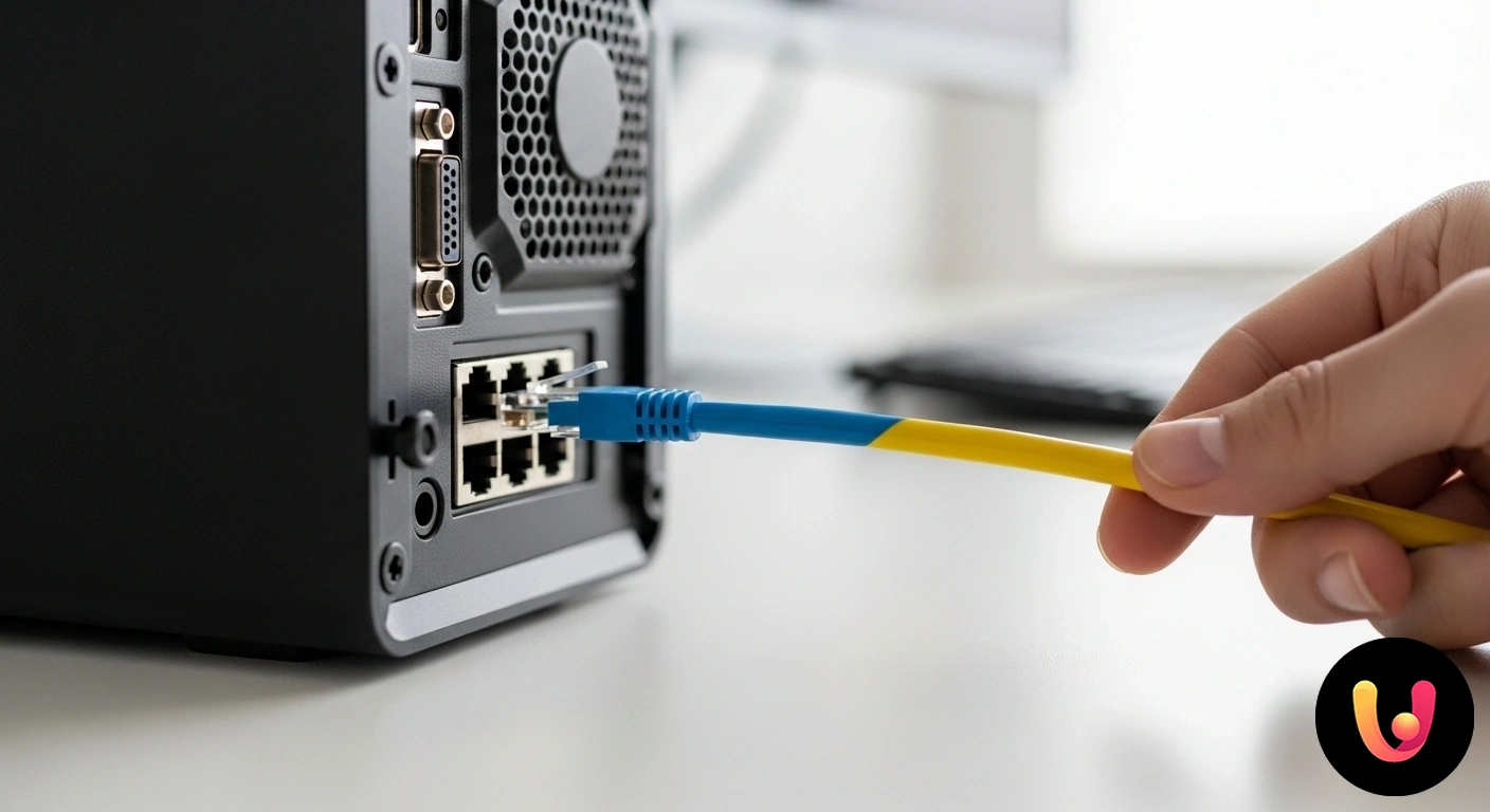 Problemi di rete cablata su Windows? Scopri le soluzioni per il tuo desktop. Icona di errore di rete su un pc desktop con un cavo ethernet collegato alla porta di rete.
