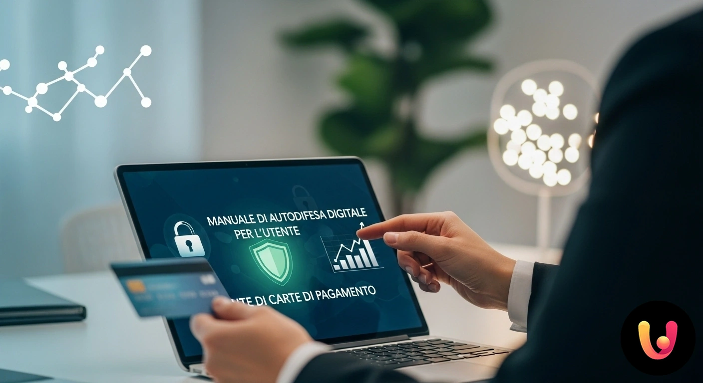 Manuale di Autodifesa Digitale: Proteggi le Tue Carte di Pagamento Una carta di credito protetta da uno scudo digitale olografico che simboleggia la sicurezza dei dati e la difesa dalle frodi