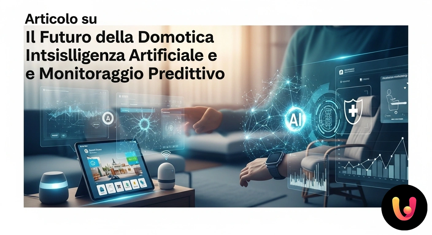 Domotica Assistenziale e IA: la Casa Intelligente per un Futuro Sicuro Persona anziana in un salotto moderno e luminoso, con un tablet che mostra grafici di dati sulla salute e icone di sensori co