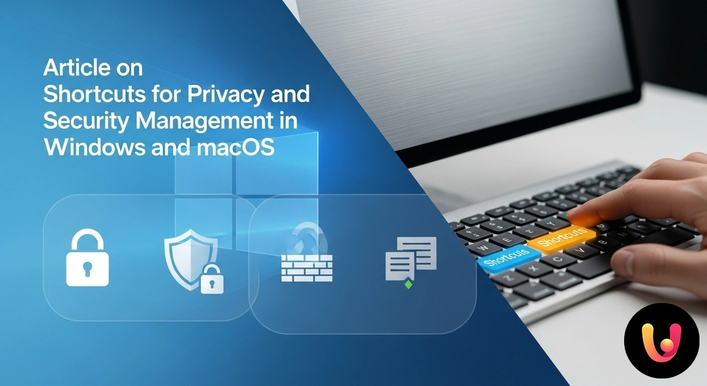 Guida alle scorciatoie per la sicurezza e privacy su Windows e macOS. Loghi di windows e macos affiancati, con icone di scudo e lucchetto a rappresentare la sicurezza e la privacy dei dati.