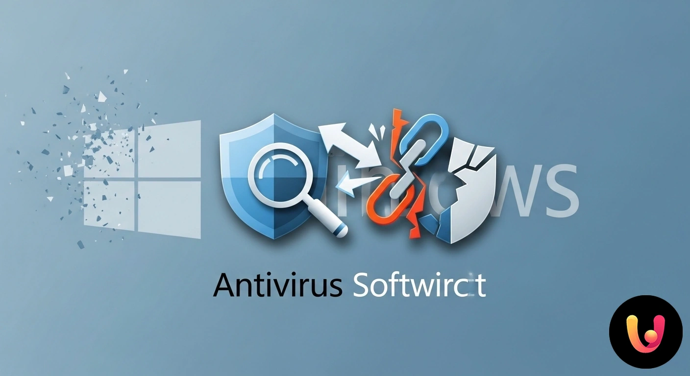 Conflitti Antivirus su Windows: Risolvi e Ottimizza il Tuo PC Due scudi antivirus stilizzati che si scontrano davanti al logo di windows, generando icone di allerta e di errore di sistema