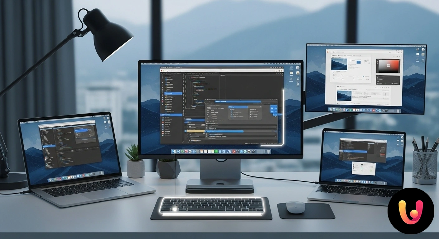 Ottimizza il tuo workflow multi-monitor su macOS con le scorciatoie da tastiera. Finestra di un'applicazione che si sposta tra due monitor affiancati in un ambiente di lavoro macos, illustrando la gestione