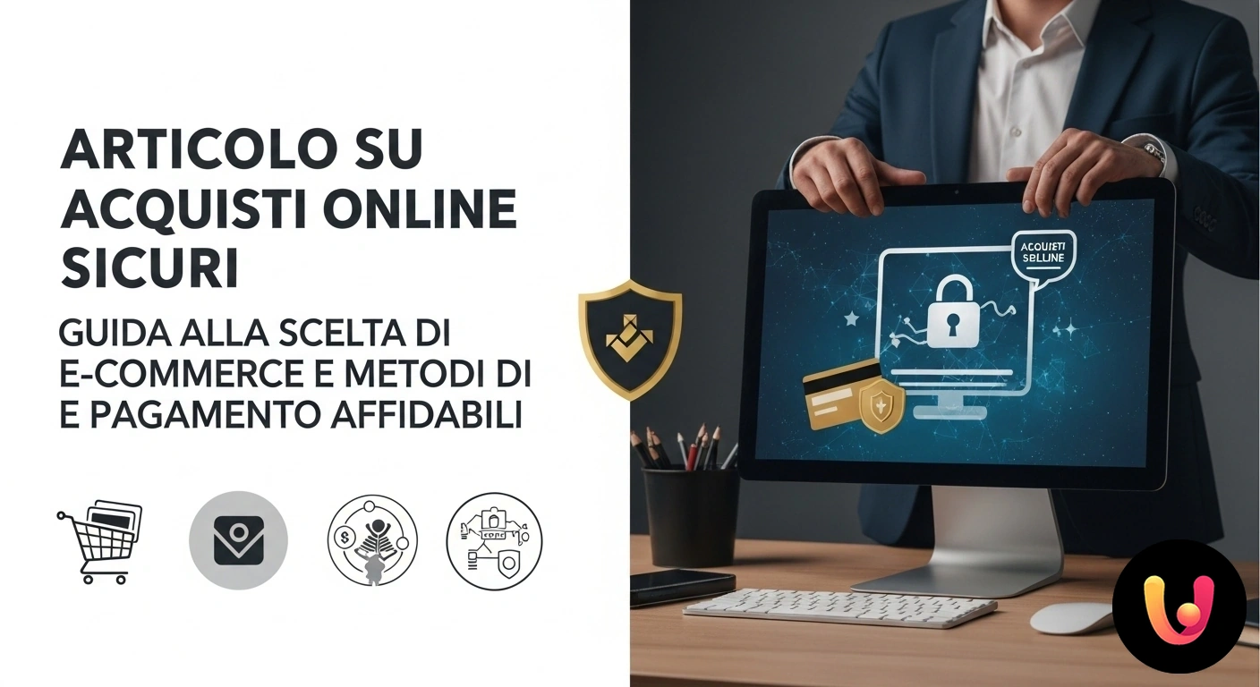 Acquisti Online Sicuri: Guida alla Protezione dei Tuoi Dati Persona che completa un pagamento online con carta di credito su un laptop, con un'icona a lucchetto che simboleggia la trans