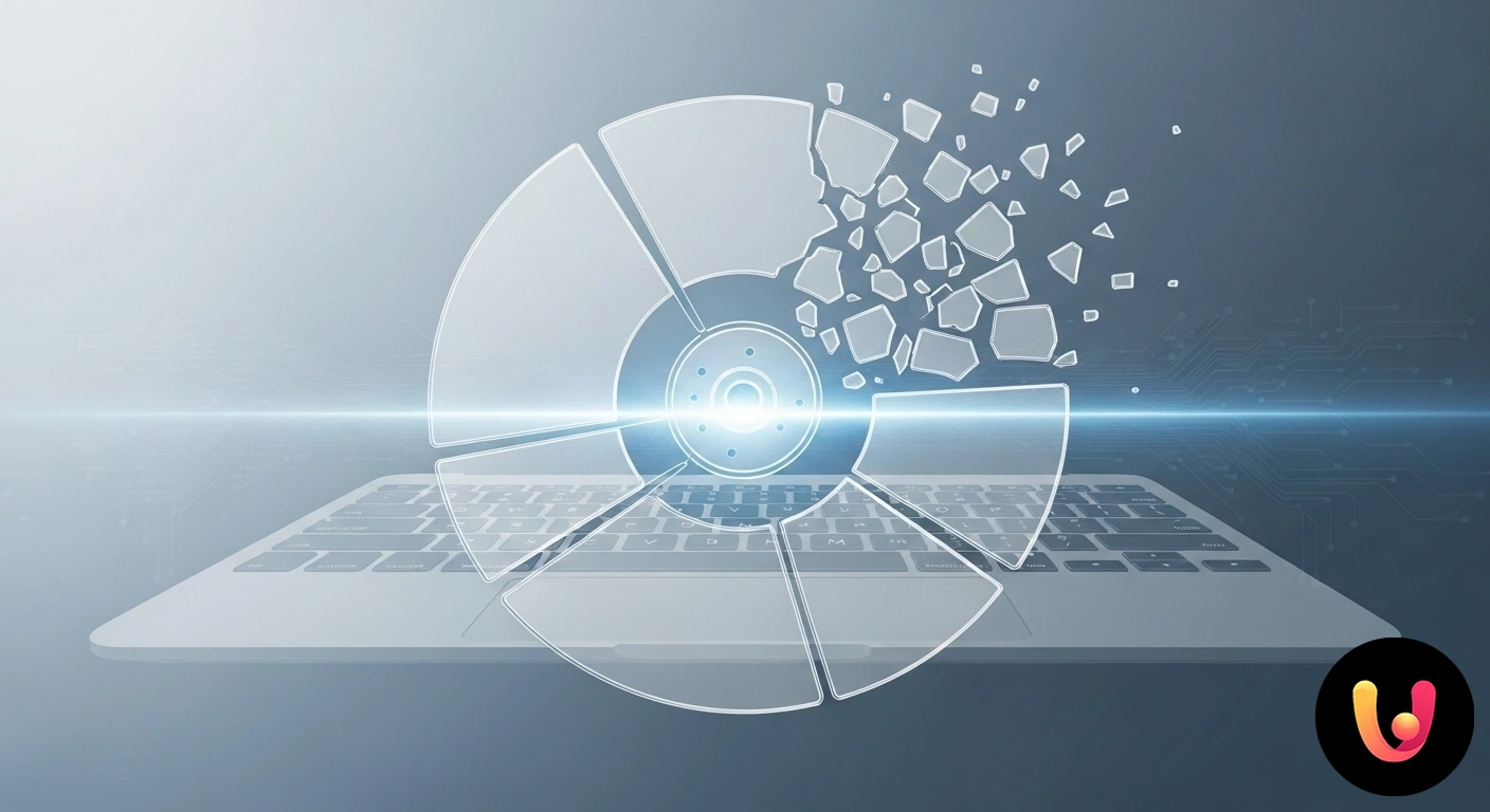 Ottimizza il tuo Mac: guida alla deframmentazione del disco. Rappresentazione grafica della frammentazione dati su un disco rigido con blocchi colorati disorganizzati.