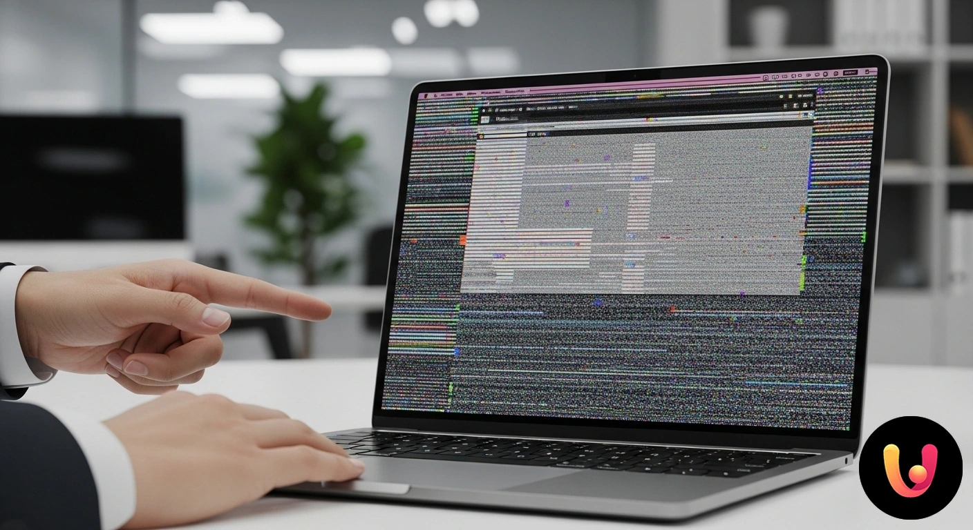 Artefatti scheda grafica laptop: come riconoscere e risolvere il problema. Schermo di un laptop che mostra distorsioni visive, pixel colorati e glitch grafici, sintomo di un guasto alla scheda video.