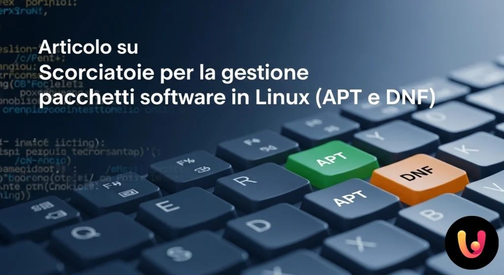 Il pinguino tux di linux posizionato tra i loghi dei gestori di pacchetti software apt (debian) e dnf (fedora).