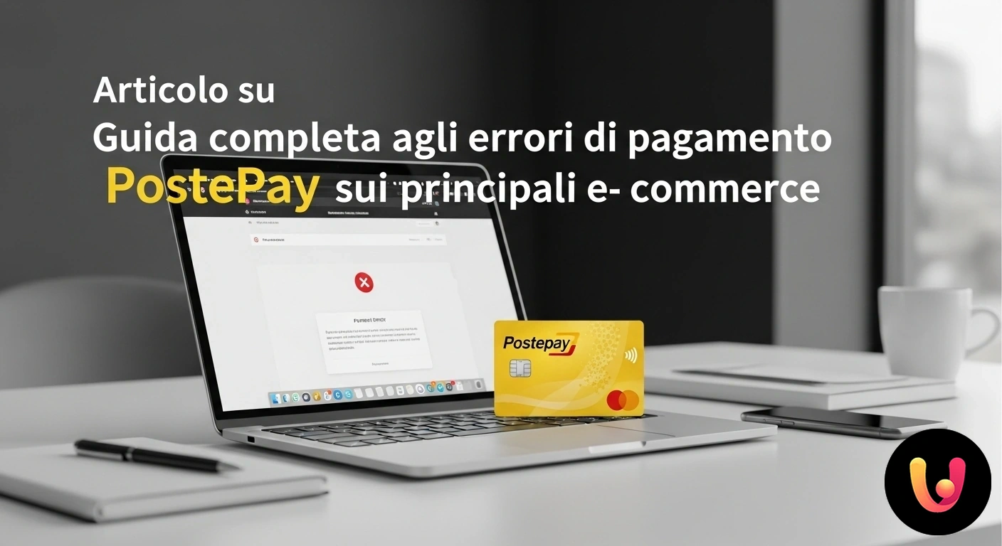 Errori di pagamento Postepay su e-commerce: cause e soluzioni Mano che tiene una carta postepay di fronte a uno schermo di laptop che mostra una notifica di errore durante un pagamento on