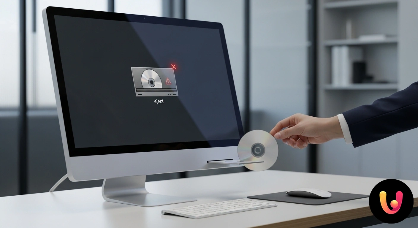 Problemi con l'espulsione del CD su Mac? Ecco come risolvere. Mano che preme il tasto di espulsione su una tastiera apple di fronte a un errore di espulsione disco mostrato su un mac.