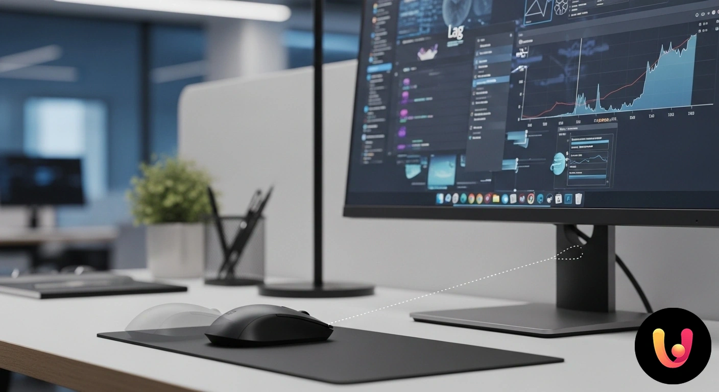 Risolvi i problemi di mouse lagging e torna a lavorare senza interruzioni. Mano su un mouse da desktop con un cursore che si muove a scatti su uno schermo, a rappresentare il problema del lagging.