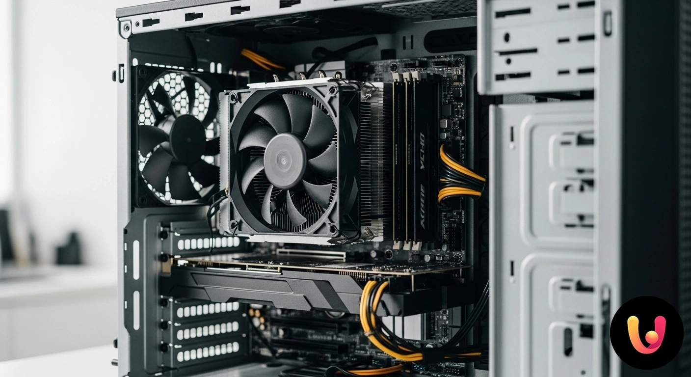 Ventola del PC non gira? Cause e soluzioni pratiche per risolvere il problema. Componenti interni di un pc desktop con ventola della cpu ferma e visibilmente ostruita dalla polvere.