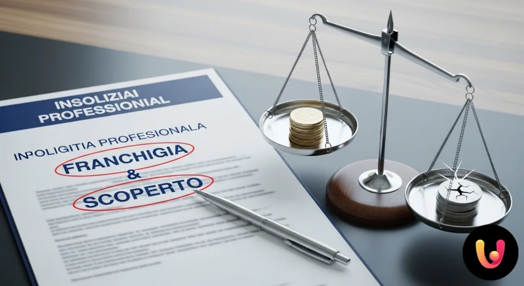 Franquia e Descoberto: O que são e como funcionam Professionista che analizza con una lente d'ingrandimento le clausole contrattuali di una polizza assicurativa professionale.