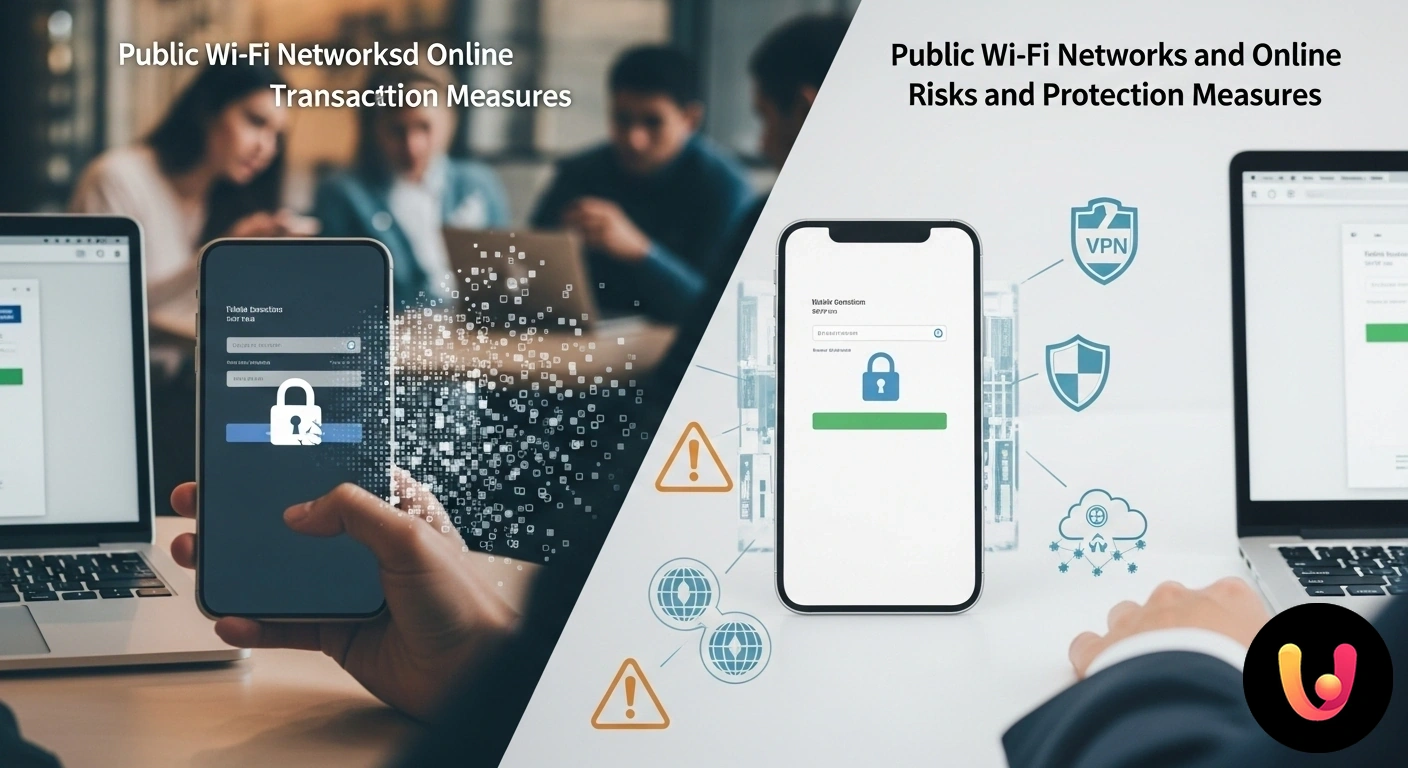 Reti Wi-Fi pubbliche: proteggi le tue transazioni online dai rischi Persona che utilizza un laptop in un luogo pubblico, con icone sovrapposte che simboleggiano un hacker e un lucchetto aperto.
